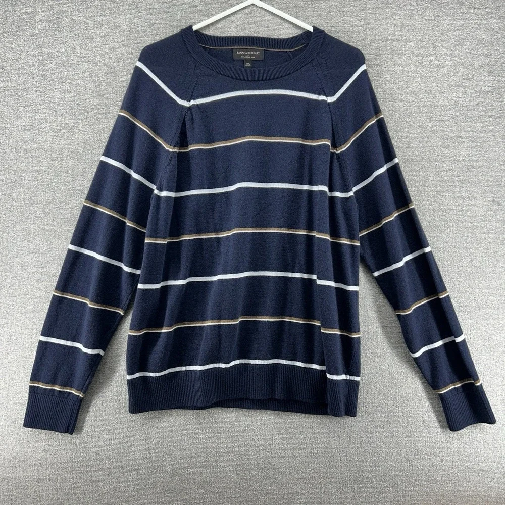 Banana Republic Sweater Men Black/Blue 100% Merino Wool Casual PreppyStriped